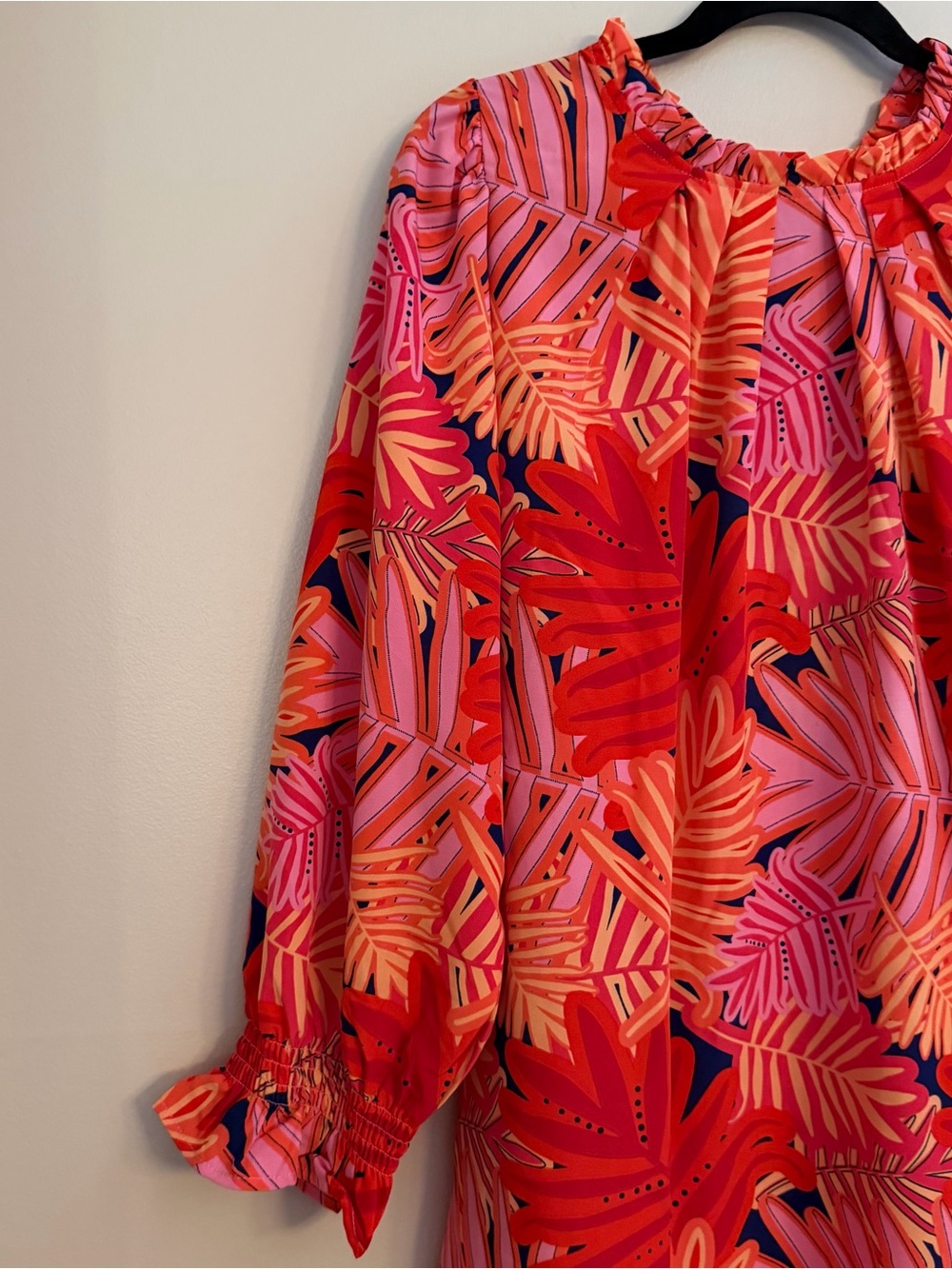 Michelle McDowell Tropical Palm Print Ruffle Shift Dress Pink Orange Medium - Picture 4 of 10